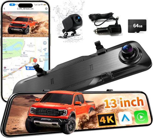 كاميرا مرآة الرؤية الخلفية مقاس 12 بوصة 4K مع CarPlay&Andorid Auto، كاميرا مرآة أمامية وخلفية لشاحنة السيارة مع التحكم الصوتي وشاشة تعمل باللمس، مساعدة عكسية/تسجيل حلقة/مستشعر G/بطاقة 64 جيجابايت متضمنة in Kuwait