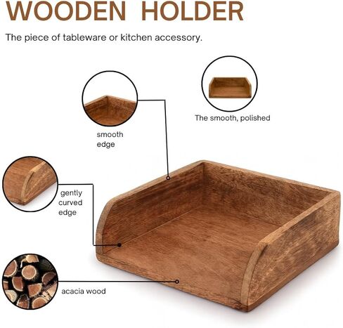 Wood Napkin Holder, Brown Acacia Wood, Standard Size Kitchen Tissue Organizer with Natural Style, Wipe Clean nterior Size ((7.5"x 7.5"x 2.75")) in Kuwait