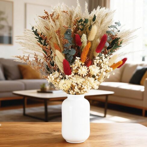Dried Flower Bouquet, 17" Natural Dried Pampas Grass Decor, Boho Pampas Dried Flower Arrangements Contains Bunny Tails Dried Flowers Eucalyptus and Reed Grass for Home Decor in Saudi Arabia