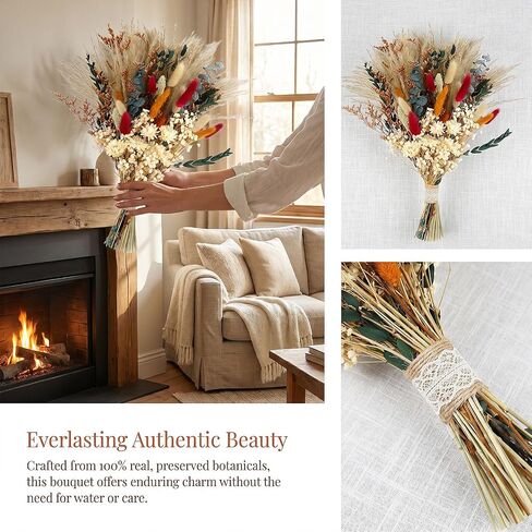 Dried Flower Bouquet, 17" Natural Dried Pampas Grass Decor, Boho Pampas Dried Flower Arrangements Contains Bunny Tails Dried Flowers Eucalyptus and Reed Grass for Home Decor in Saudi Arabia