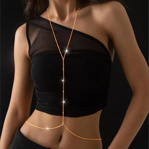 Bounzhi Gold Sexy Body Chain Crossover Thin Bra Bikini Waist Belly Body Chains Beach Body Necklace Jewelry for Women, B-100 in Saudi Arabia
