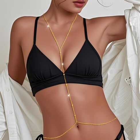 Bounzhi Gold Sexy Body Chain Crossover Thin Bra Bikini Waist Belly Body Chains Beach Body Necklace Jewelry for Women, B-100 in Saudi Arabia