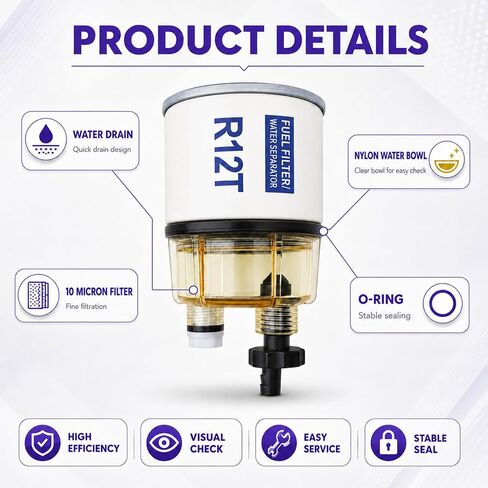 R12T Fuel Filter Water Separator with Clear Nylon Collection Bowl, 3/8 Inch NPT Spin-on Assembly, Replaces S3240, 120AT, 18-7947, 18-7987, NPT ZG1/4-19 in Kuwait