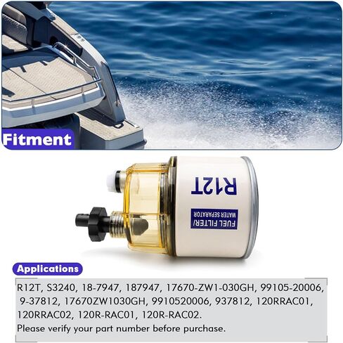 R12T Fuel Filter Water Separator with Clear Nylon Collection Bowl, 3/8 Inch NPT Spin-on Assembly, Replaces S3240, 120AT, 18-7947, 18-7987, NPT ZG1/4-19 in Kuwait
