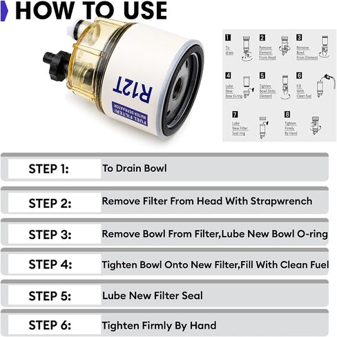 R12T Fuel Filter Water Separator with Clear Nylon Collection Bowl, 3/8 Inch NPT Spin-on Assembly, Replaces S3240, 120AT, 18-7947, 18-7987, NPT ZG1/4-19 in Kuwait