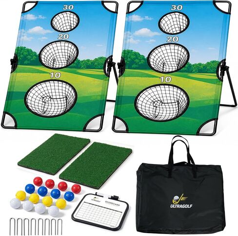 2-in-1 Golf Cornhole Chipping Game Set for Adults, Families and Golf Lovers – Foldable Yard Game with Targets, Non-Slip Mats, Balls, Stakes – Portable Outdoor Lawn and Backyard Simulator in Kuwait