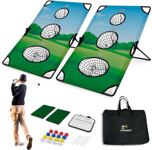 2-in-1 Golf Cornhole Chipping Game Set for Adults, Families and Golf Lovers – Foldable Yard Game with Targets, Non-Slip Mats, Balls, Stakes – Portable Outdoor Lawn and Backyard Simulator in Kuwait
