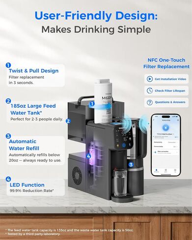 Waterdrop M6CG Cold and Hot Reverse Osmosis System Countertop Water Filter, 8-Stage Mineralization, NSF/ANSI 58 & 372 Certified, 3:1 Pure to Drain Ratio, 9 Temperature Options, Glass Pitcher, BPA-Free in Saudi Arabia