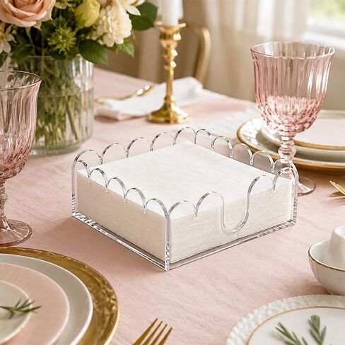 Acrylic Napkin Holder for Cocktails, Napkin Holder, Clear Scalloped Tray and Dispenser Organizes Flat Paper Towels and Disposable Napkins for Weddings, Hotels, Kitchen, Bathroom, Parties in Saudi Arabia