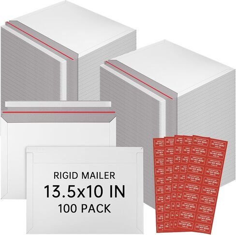 100 Pack 13.5 x 10 Inch Rigid Mailers, White Document Cardboard Mailers | 350GSM Self-Seal Mailing Envelopes with Do Not Bend Stickers for Photos, Art Prints, Certificates, Small Business Shipping in Saudi Arabia