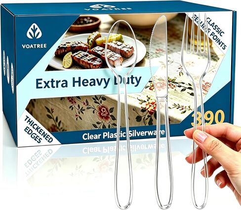 390 Count Heavy Duty Disposable Clear Plastic Cutlery Set, Bulk | 160 Forks & 160 Spoons & 70 Knives, Premium Quality, BPA-Free,Heat Resistant, Transparent, for Everyday Use, Party Supply in Saudi Arabia