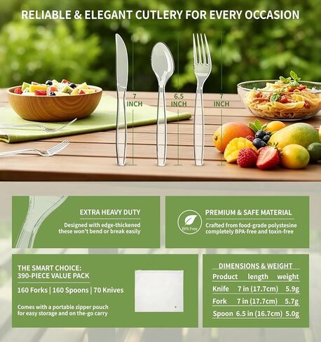 390 Count Heavy Duty Disposable Clear Plastic Cutlery Set, Bulk | 160 Forks & 160 Spoons & 70 Knives, Premium Quality, BPA-Free,Heat Resistant, Transparent, for Everyday Use, Party Supply in Saudi Arabia
