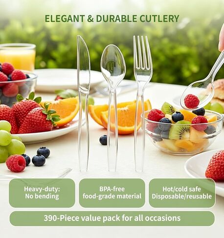 390 Count Heavy Duty Disposable Clear Plastic Cutlery Set, Bulk | 160 Forks & 160 Spoons & 70 Knives, Premium Quality, BPA-Free,Heat Resistant, Transparent, for Everyday Use, Party Supply in Saudi Arabia