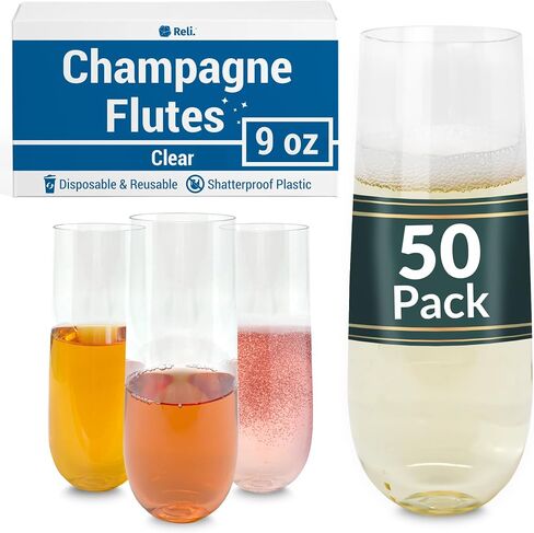 Reli. Champagne Flutes Plastic (50 Pack, 9oz) Clear, Stemless | Disposable Mimosa Glasses for Champagne, Mimosa, Cocktail, Wedding/Parties | BPA-Free Plastic Champagne Flutes, Shatterproof Cups in Saudi Arabia
