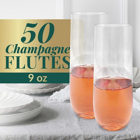 Reli. Champagne Flutes Plastic (50 Pack, 9oz) Clear, Stemless | Disposable Mimosa Glasses for Champagne, Mimosa, Cocktail, Wedding/Parties | BPA-Free Plastic Champagne Flutes, Shatterproof Cups in Saudi Arabia
