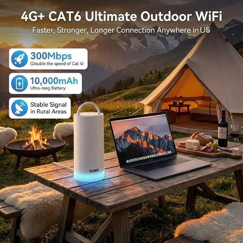موجه KuWFi خارجي 4G+ CAT6، محور واي فاي محمول الكل في واحد مع بطارية 10000 مللي أمبير في الساعة وإضاءة تخييم بـ 5 ألوان، يدعم الشحن بالطاقة الشمسية ومفتاح SIM/WAN التلقائي للسفر والتخييم والعمل عن بعد in Kuwait