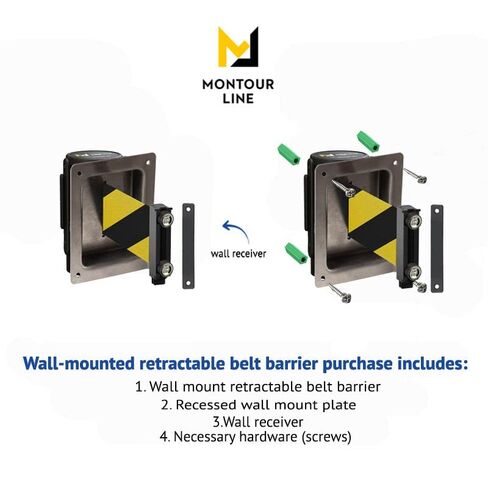Montour Line WM115 Wall Mounted Retractable Belt Barrier with Magnetic Belt End, Recessed Mount, Black Casing (13 ft Black Belt) in Kuwait