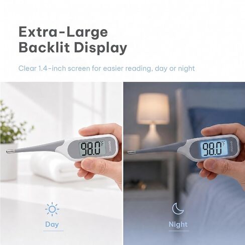Backlit Digital Thermometer for Adults & Kids, Fast 10-Second Reading, Flexible Tip, Large 1.4 Inch Display, Waterproof, Fever Alarm, White in Kuwait