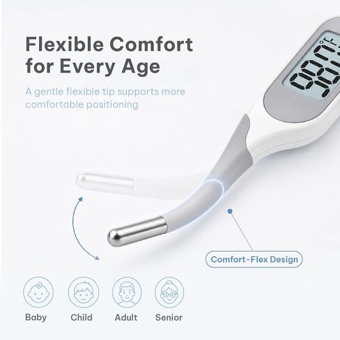 Backlit Digital Thermometer for Adults & Kids, Fast 10-Second Reading, Flexible Tip, Large 1.4 Inch Display, Waterproof, Fever Alarm, White in Kuwait