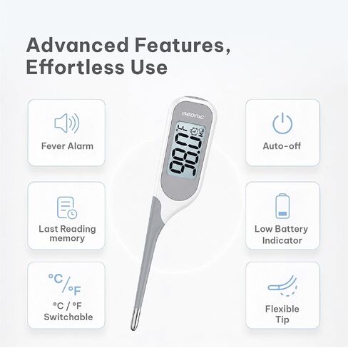 Backlit Digital Thermometer for Adults & Kids, Fast 10-Second Reading, Flexible Tip, Large 1.4 Inch Display, Waterproof, Fever Alarm, White in Kuwait