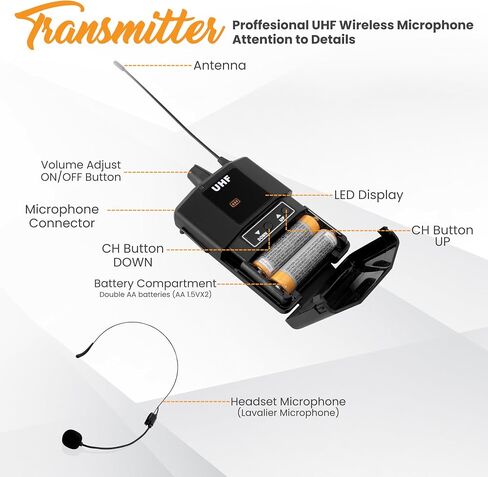 UHF Wireless Microphone System Kit - Portable Professional Cordless Microphone Set Wireless Mic Kit w/Headset Mic, Lavalier Mic, Beltpack Transmitter, Receiver - Karaoke & Conference - Pyle PDWMU112 in Kuwait