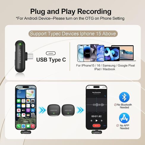 ميكروفون ANDYCINE MC لاسلكي Lavalier متوافق مع iPhone 15,16,17series /Android/PC/كمبيوتر محمول USB-C قابس طية صدر السترة ميكروفون AI إلغاء الضوضاء مشبك مغناطيسي ميكروفون لتسجيل الفيديو، البث المباشر in Kuwait