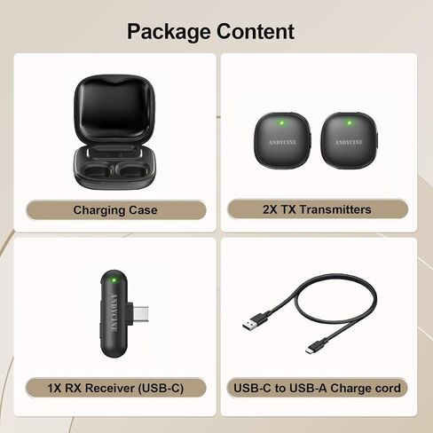 ميكروفون ANDYCINE MC لاسلكي Lavalier متوافق مع iPhone 15,16,17series /Android/PC/كمبيوتر محمول USB-C قابس طية صدر السترة ميكروفون AI إلغاء الضوضاء مشبك مغناطيسي ميكروفون لتسجيل الفيديو، البث المباشر in Kuwait
