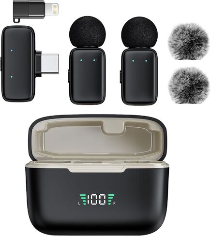 Mini Wireless Lavalier Microphone for iPhone/Android/Tablet/PC with Lightning/USB-C Plug, Noise Cancellation, Wireless Clip-on Mic with Charging Case for Video Recording TikTok YouTube Podcast in Kuwait