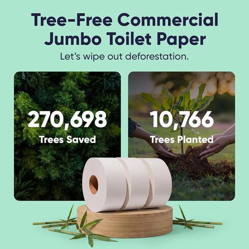 لفات تجارية من ورق التواليت جامبو من Save Trees - الخيزران، 12 لفة لكل علبة، 1000 قدم غير مثقوبة، طبقتين، أبيض، ورق تواليت كبير للموزعات التجارية in Kuwait