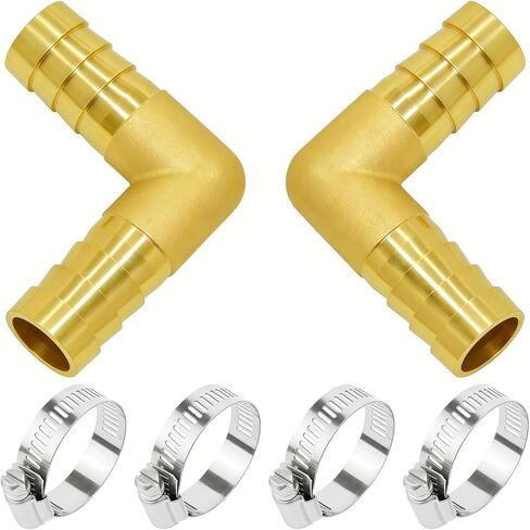 Brass Hose Barb Fitting 90 Degree Elbow 1" x 3/4" Barbed 2pcs with 4pcs Hose Clamps in Kuwait