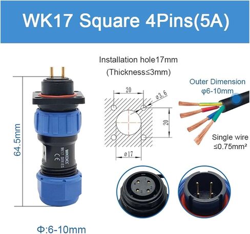 Wire Connector Square Back Nut Panel Socket 2 3 4 5 6 7 9 10 Pin(WK17CP4X-WK17SS4X) in Kuwait
