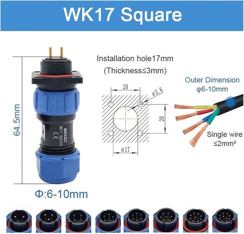 Wire Connector Square Back Nut Panel Socket 2 3 4 5 6 7 9 10 Pin(WK17CP4X-WK17SS4X) in Kuwait