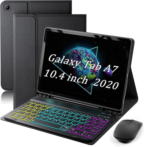 Keyboard Case for Samsung Galaxy Tab A7 10.4 inch 2020 Cover - 7 Color Rainbow Change Backlit Detachable Magnetic Keyboard with S Pen Holder with Mouse - Black in Saudi Arabia