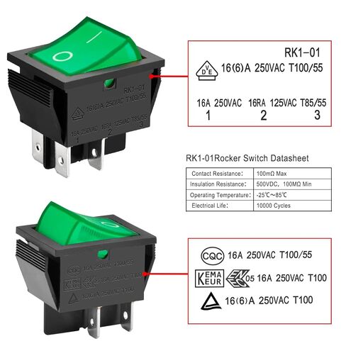 Heschen Rocker Switch ON-OFF DPST 4 Terminals Green Light 16A 250VAC With Waterproof Cover (2), RK1-01-HS-G in Saudi Arabia