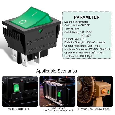 Heschen Rocker Switch ON-OFF DPST 4 Terminals Green Light 16A 250VAC With Waterproof Cover (2), RK1-01-HS-G in Saudi Arabia