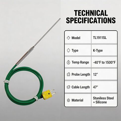 TL1911SL Type K Thermocouple Probe Temperature Range: -40°F to 1500°F | Suitable for kilns, industrial ovens smoking chambers 3D printers, and similar applications in Saudi Arabia