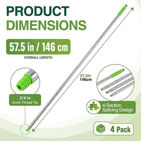 4 Pack 57.5-Inch Stainless Steel Floor Squeegee Replacement Handles, 3/4-Inch Acme Thread Poles with Non-Slip Grip and Hanging Cap for Commercial Cleaning, Green in Saudi Arabia