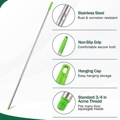 4 Pack 57.5-Inch Stainless Steel Floor Squeegee Replacement Handles, 3/4-Inch Acme Thread Poles with Non-Slip Grip and Hanging Cap for Commercial Cleaning, Green in Saudi Arabia