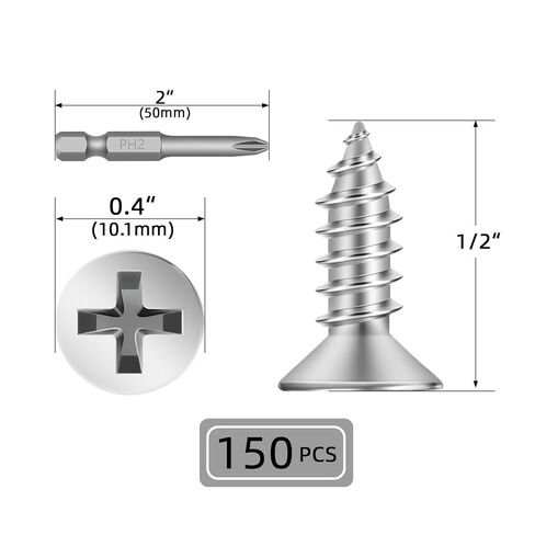 #12 x 1/2" 150 PCS Flat Head Sheet Metal Screws, Phillips Drive Self Tapping Screws, Stainless Steel Countersunk Head Wood Screws, Plain Finish, Screwdriver Bit Included in Saudi Arabia