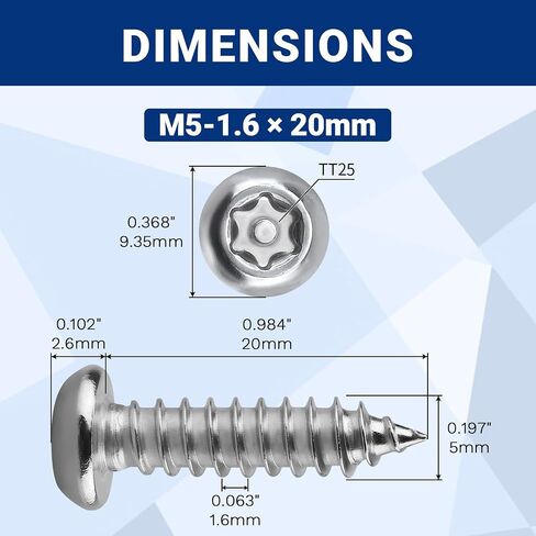 100pcs M5 x 20mm Button Head Torx Pin-in Security Tapping Screws 304 SS | Includes 50mm S2 Bit, 18-8 Stainless Steel, 6-Lobe Star Pin-in Drive, Low-profile Head, Anti-Theft Screws in Kuwait