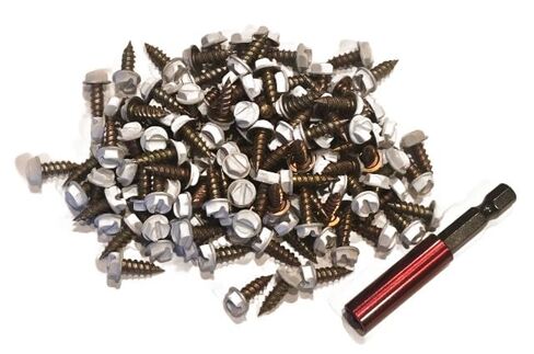 100 Count White Painted Premium Rain Gutter Screws #8 x 1/2" Long, Zinc Plated, Corrosion Resistant, Self Tapping, Self Starting, Downspout, Sheet Metal Zip Screws, Slotted Hex Head, with Bit Holder in Saudi Arabia