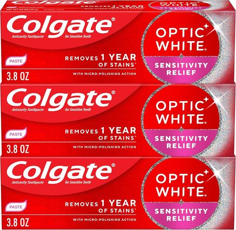 Colgate Optic White Sensitivity Relief Teeth Whitening Toothpaste, 3 Pack, Anticavity Toothpaste for Sensitive Teeth, Fluoride, Enamel Safe, Soothing Mint Flavor, 3.8 OZ in Saudi Arabia
