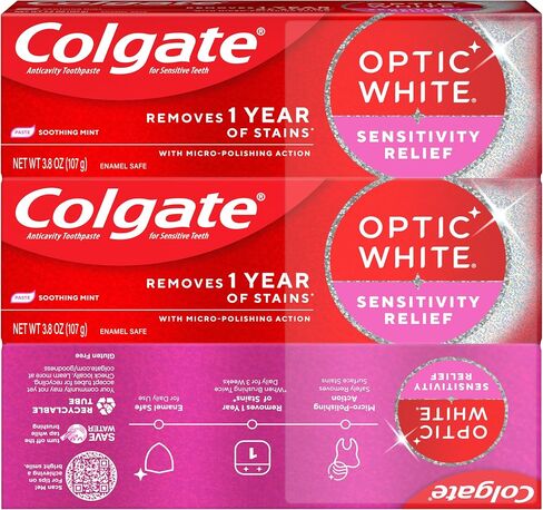 Colgate Optic White Sensitivity Relief Teeth Whitening Toothpaste, 3 Pack, Anticavity Toothpaste for Sensitive Teeth, Fluoride, Enamel Safe, Soothing Mint Flavor, 3.8 OZ in Saudi Arabia