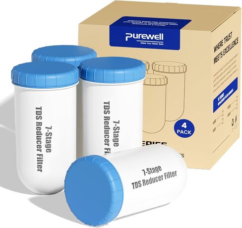 Purewell 8-Stage Alkaline Filter Elements, 7-Inch Pitcher Cartridge Compatible with Zero Pitcher, NSF/ANSI 42 & 372 Certified, 4000-Gallon Long-Lasting, Up to pH 9, Reduces 99% Chlorine (4-Pack) in Saudi Arabia