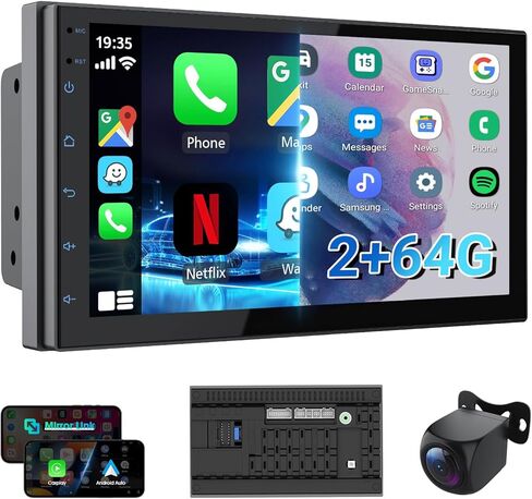ستيريو سيارة مزدوج الدين مقاس 7 بوصات مع Apple CarPlay وAndroid Auto اللاسلكي، وراديو سيارة بشاشة تعمل باللمس مع BT 4.1، وكاميرا احتياطية، ووصلة مرآة، ونظام تحديد المواقع العالمي (GPS)، وواي فاي، و2+64 جيجابايت، وراديو FM/AM/RDS in Kuwait