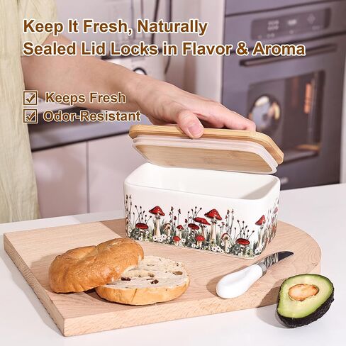 Fungi Fun Ceramic Mushroom Butter Dish with Lid and Knife, Cute Butter Dish for Countertop and Fridge, Ceramic Container for Countertop with Lid and Selicon Seal, Ideal for Mushroom Kitchen Decor in Saudi Arabia