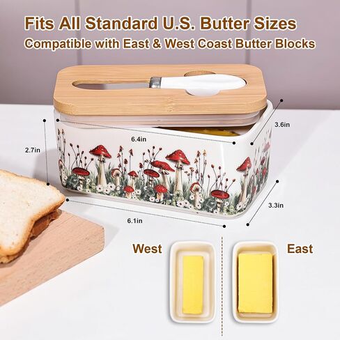 Fungi Fun Ceramic Mushroom Butter Dish with Lid and Knife, Cute Butter Dish for Countertop and Fridge, Ceramic Container for Countertop with Lid and Selicon Seal, Ideal for Mushroom Kitchen Decor in Saudi Arabia