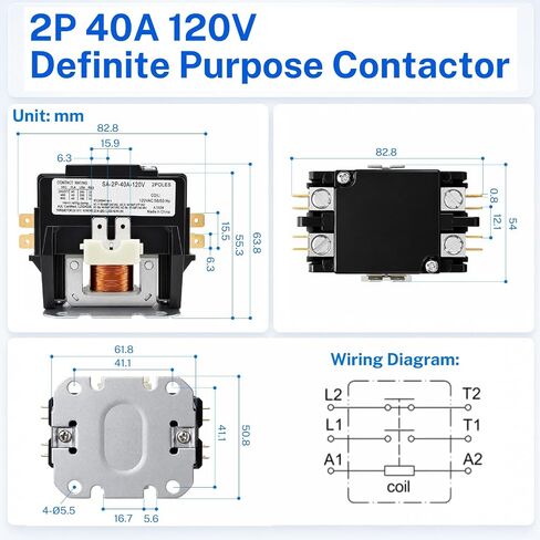 2 Pole, 120V Coil, 40 Amp Definite Purpose Contactor, for Air Conditioning Systems, Elevator Equipment, Water Pump Units, Lighting Systems, Ensure Precise Control and Safe Operation in Saudi Arabia