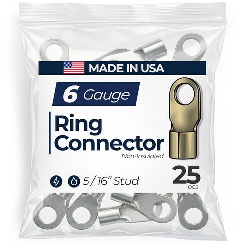 25 Pcs Non-Insulated 6 AWG Gauge Ring Connector - 5/16" Stud Wire Terminal - Pure Copper & V-Grooves Serrations for Strong Crimps & Corrosion Resistance - Made in USA in Saudi Arabia