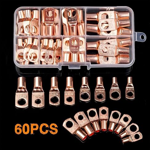 60pcs Copper Wire Lug Connectors SC6-25, Battery Cable Ends Ring Terminals, Electrical Crimp Terminal Connector Kit, Bare Cable Wire Splice, Wire Terminals for Car Truck RV Boat Solar Home Wiring in Saudi Arabia